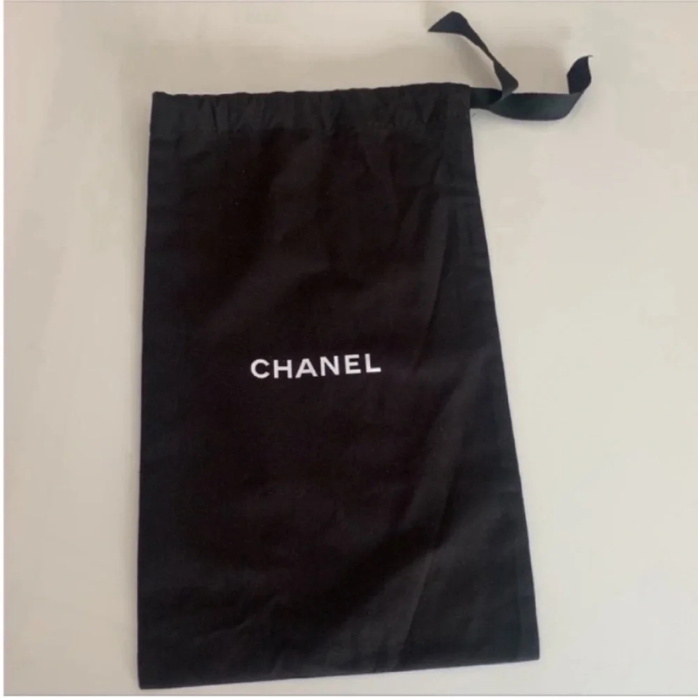 Chanel Black Cotton White Logo Drawstring Shoe Dust Bag Storage Travel Bag - Picture 1 of 5